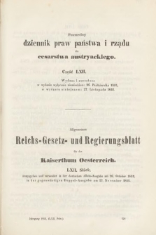 Allgemeines Reichs-Gesetz-und Regierungsblatt für das Kaiserthum Osterreich = Powszechny Dziennik Praw Państwa i Rządu dla Cesarstwa Austryackiego. 1852, oddział 2, cz. 62