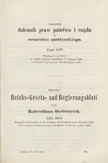 Allgemeines Reichs-Gesetz-und Regierungsblatt für das Kaiserthum Osterreich = Powszechny Dziennik Praw Państwa i Rządu dla Cesarstwa Austryackiego. 1852, oddział 2, cz. 65