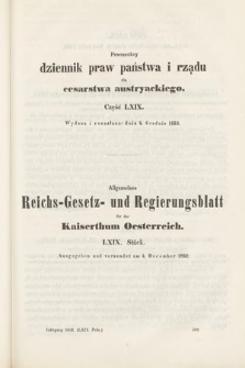 Allgemeines Reichs-Gesetz-und Regierungsblatt für das Kaiserthum Osterreich = Powszechny Dziennik Praw Państwa i Rządu dla Cesarstwa Austryackiego. 1852, oddział 2, cz. 69