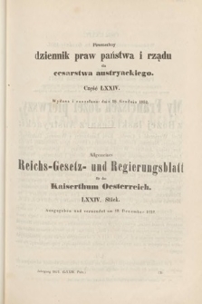 Allgemeines Reichs-Gesetz-und Regierungsblatt für das Kaiserthum Osterreich = Powszechny Dziennik Praw Państwa i Rządu dla Cesarstwa Austryackiego. 1852, oddział 2, cz. 74