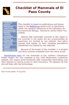 Checklist of Mammals of El Paso County