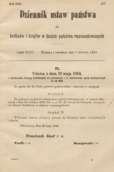 Dziennik Ustaw Państwa dla Królestw i Krajów w Radzie Państwa Reprezentowanych. 1883, cz. 26