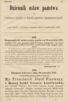 Dziennik Ustaw Państwa dla Królestw i Krajów w Radzie Państwa Reprezentowanych. 1881, cz. 43
