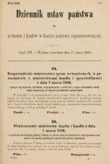 Dziennik Ustaw Państwa dla Królestw i Krajów w Radzie Państwa Reprezentowanych. 1886, cz. 12