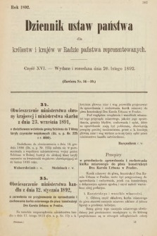 Dziennik Ustaw Państwa dla Królestw i Krajów w Radzie Państwa Reprezentowanych. 1892, cz. 16