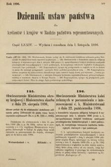 Dziennik Ustaw Państwa dla Królestw i Krajów w Radzie Państwa Reprezentowanych. 1896, cz. 74