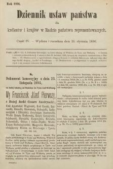 Dziennik Ustaw Państwa dla Królestw i Krajów w Radzie Państwa Reprezentowanych. 1896, cz. 4