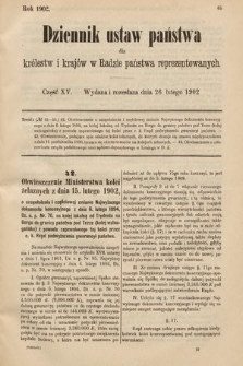 Dziennik Ustaw Państwa dla Królestw i Krajów w Radzie Państwa Reprezentowanych. 1902, cz. 15