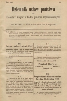 Dziennik Ustaw Państwa dla Królestw i Krajów w Radzie Państwa Reprezentowanych. 1902, cz. 38