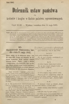 Dziennik Ustaw Państwa dla Królestw i Krajów w Radzie Państwa Reprezentowanych. 1902, cz. 43