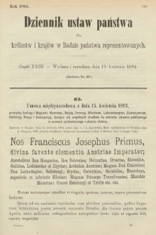 Dziennik Ustaw Państwa dla Królestw i Krajów w Radzie Państwa Reprezentowanych. 1894, cz. 23