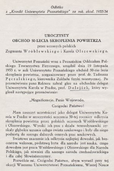 Uroczysty obchód 50-lecia skroplenia powietrza przez uczonych polskich Zygmunta Wróblewskiego i Karola Olszewskiego