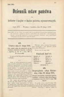 Dziennik Ustaw Państwa dla Królestw i Krajów w Radzie Państwa Reprezentowanych. 1906, cz. 16