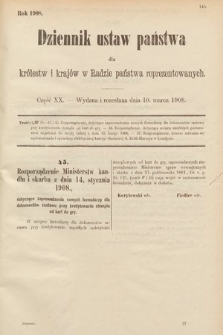 Dziennik Ustaw Państwa dla Królestw i Krajów w Radzie Państwa Reprezentowanych. 1908, cz. 20