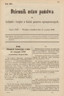 Dziennik Ustaw Państwa dla Królestw i Krajów w Radzie Państwa Reprezentowanych. 1908, cz. 113
