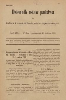 Dziennik Ustaw Państwa dla Królestw i Krajów w Radzie Państwa Reprezentowanych. 1911, cz. 31
