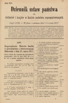 Dziennik Ustaw Państwa dla Królestw i Krajów w Radzie Państwa Reprezentowanych. 1917, cz. 58