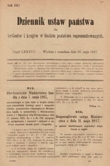 Dziennik Ustaw Państwa dla Królestw i Krajów w Radzie Państwa Reprezentowanych. 1917, cz. 87