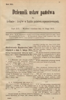Dziennik Ustaw Państwa dla Królestw i Krajów w Radzie Państwa Reprezentowanych. 1915, cz. 16