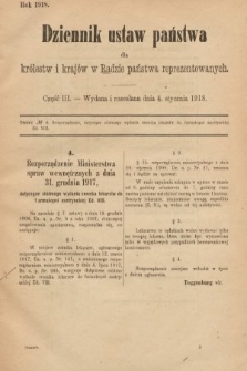 Dziennik Ustaw Państwa dla Królestw i Krajów w Radzie Państwa Reprezentowanych. 1918, nr 3