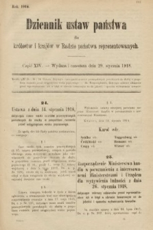 Dziennik Ustaw Państwa dla Królestw i Krajów w Radzie Państwa Reprezentowanych. 1918, nr 14
