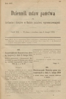 Dziennik Ustaw Państwa dla Królestw i Krajów w Radzie Państwa Reprezentowanych. 1918, nr 20