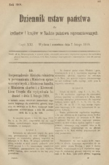 Dziennik Ustaw Państwa dla Królestw i Krajów w Radzie Państwa Reprezentowanych. 1918, nr 21