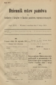 Dziennik Ustaw Państwa dla Królestw i Krajów w Radzie Państwa Reprezentowanych. 1918, nr 22