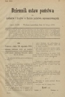 Dziennik Ustaw Państwa dla Królestw i Krajów w Radzie Państwa Reprezentowanych. 1918, nr 23