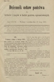 Dziennik Ustaw Państwa dla Królestw i Krajów w Radzie Państwa Reprezentowanych. 1918, nr 28