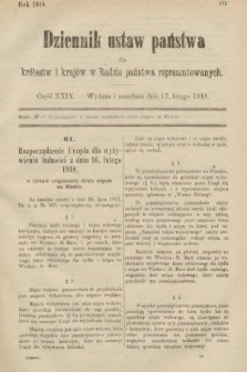 Dziennik Ustaw Państwa dla Królestw i Krajów w Radzie Państwa Reprezentowanych. 1918, nr 29