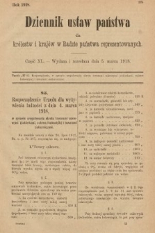 Dziennik Ustaw Państwa dla Królestw i Krajów w Radzie Państwa Reprezentowanych. 1918, nr 40