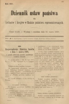 Dziennik Ustaw Państwa dla Królestw i Krajów w Radzie Państwa Reprezentowanych. 1918, nr 43