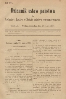 Dziennik Ustaw Państwa dla Królestw i Krajów w Radzie Państwa Reprezentowanych. 1918, nr 52