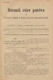 Dziennik Ustaw Państwa dla Królestw i Krajów w Radzie Państwa Reprezentowanych. 1918, nr 61