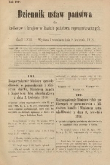 Dziennik Ustaw Państwa dla Królestw i Krajów w Radzie Państwa Reprezentowanych. 1918, nr 63