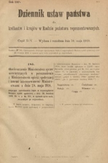 Dziennik Ustaw Państwa dla Królestw i Krajów w Radzie Państwa Reprezentowanych. 1918, nr 95