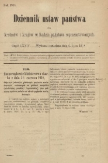Dziennik Ustaw Państwa dla Królestw i Krajów w Radzie Państwa Reprezentowanych. 1918, nr 124