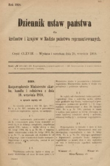 Dziennik Ustaw Państwa dla Królestw i Krajów w Radzie Państwa Reprezentowanych. 1918, nr 168