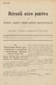 Dziennik Ustaw Państwa dla Królestw i Krajów w Radzie Państwa Reprezentowanych. 1916, nr 21