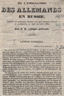 De l'émigration des Allemands en Russie : précédé de quelques lettres sur mon dernier voyage en Allemagne, au mois de juin 1832