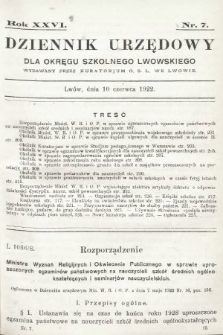 Dziennik Urzędowy dla Okręgu Szkolnego Lwowskiego : wydawany przez Kuratorjum O. S. L. we Lwowie. 1922, nr 7