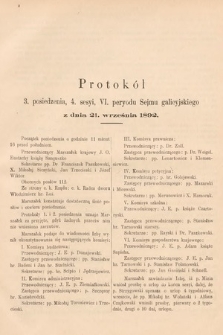 [Kadencja VI, sesja IV, pos. 3] Protokoły z 4. sesyi, VI peryodu Sejmu krajowego Królestwa Galicji i Lodomerii z Wielkiem Księstwem Krakowskiem w roku 1892. Protokół 3