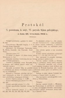 [Kadencja VI, sesja IV, pos. 5] Protokoły z 4. sesyi, VI peryodu Sejmu krajowego Królestwa Galicji i Lodomerii z Wielkiem Księstwem Krakowskiem w roku 1892. Protokół 5