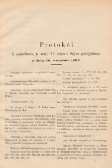 [Kadencja VI, sesja IV, pos. 8] Protokoły z 4. sesyi, VI peryodu Sejmu krajowego Królestwa Galicji i Lodomerii z Wielkiem Księstwem Krakowskiem w roku 1892. Protokół 8