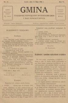 Gmina : tygodnik poświęcony interesom gmin i rad powiatowych. 1908, nr 17