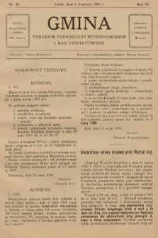 Gmina : tygodnik poświęcony interesom gmin i rad powiatowych. 1908, nr 20