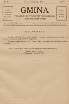 Gmina : tygodnik poświęcony interesom gmin i rad powiatowych. 1908, nr 21