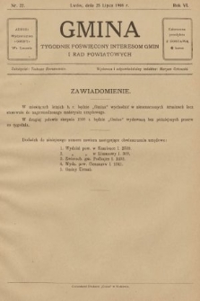 Gmina : tygodnik poświęcony interesom gmin i rad powiatowych. 1908, nr 22