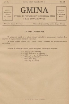 Gmina : tygodnik poświęcony interesom gmin i rad powiatowych. 1908, nr 23